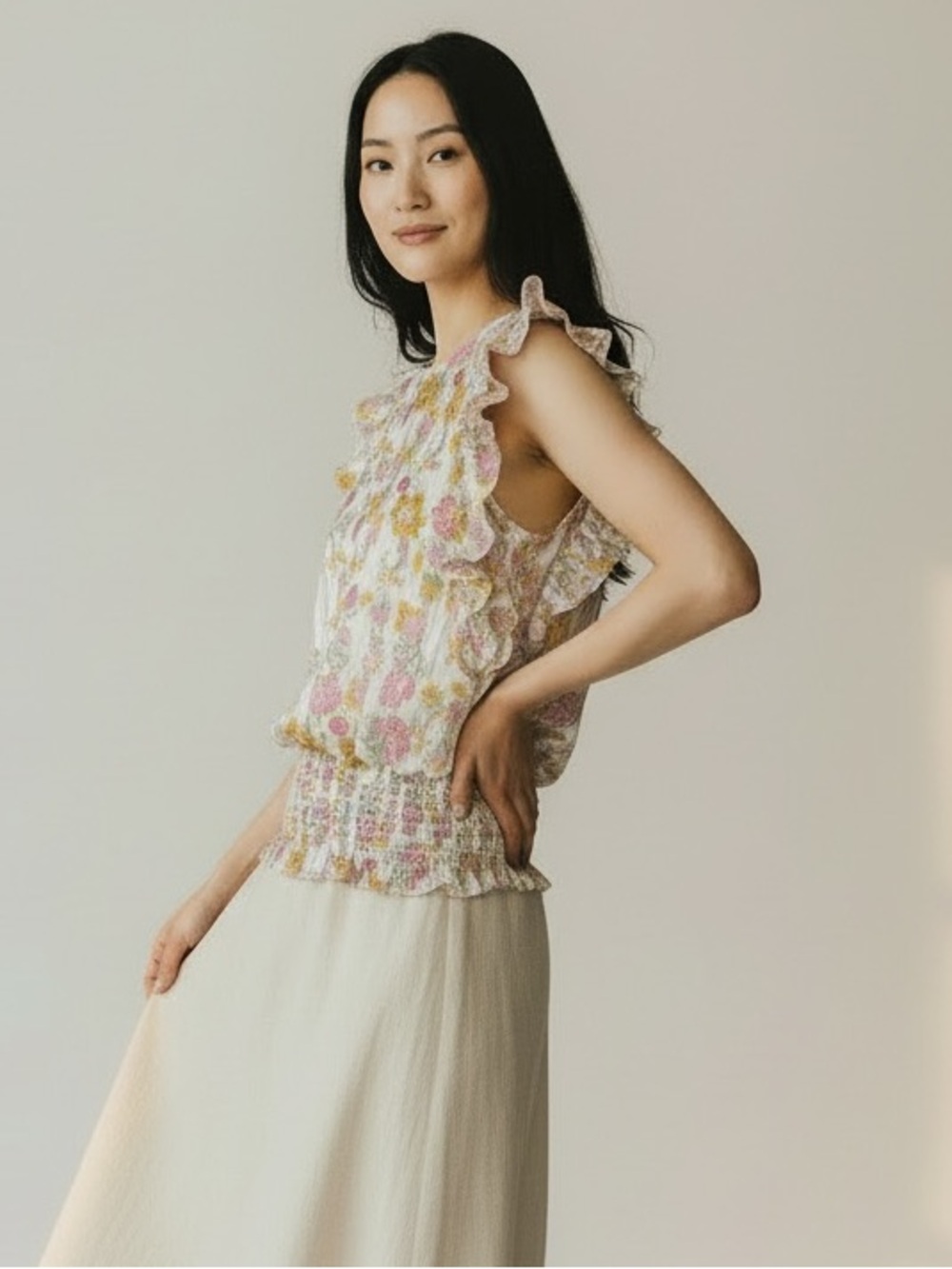 Pleione Ruffle Flutter Sleeve Floral Smocked Waist Top Medium Coquette Fairy